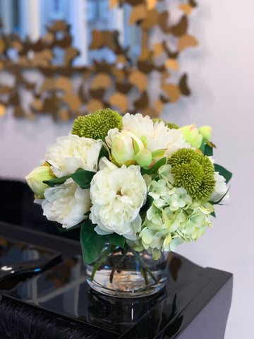Silk Peonies Hydrangea Buds Glass Vase Arrangement - Flovery